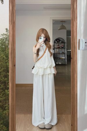 French-Style Sleeveless Ruffled Neck Tank Top and Loose Wide-Leg Long Pants Set for Women - Summer Casual Outfit