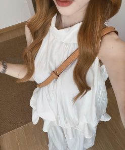 French-Style Sleeveless Ruffled Neck Tank Top and Loose Wide-Leg Long Pants Set for Women - Summer Casual Outfit