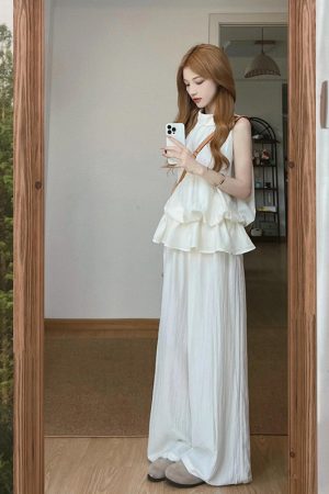 French-Style Sleeveless Ruffled Neck Tank Top and Loose Wide-Leg Long Pants Set for Women - Summer Casual Outfit