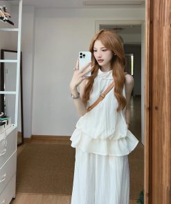 French-Style Sleeveless Ruffled Neck Tank Top and Loose Wide-Leg Long Pants Set for Women - Summer Casual Outfit