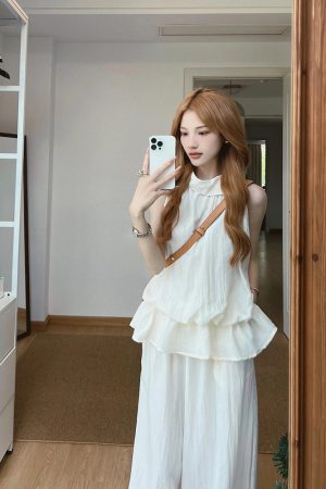 French-Style Sleeveless Ruffled Neck Tank Top and Loose Wide-Leg Long Pants Set for Women - Summer Casual Outfit