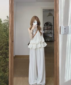 French-Style Sleeveless Ruffled Neck Tank Top and Loose Wide-Leg Long Pants Set for Women - Summer Casual Outfit
