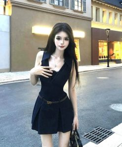 French-Style Sleeveless Shirt Dress for Women with Fitted Waist and Lace Splicing - Summer Short Skirt Fashion