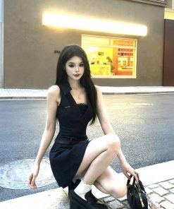 French-Style Sleeveless Shirt Dress for Women with Fitted Waist and Lace Splicing - Summer Short Skirt Fashion