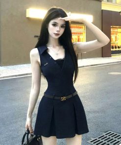 French-Style Sleeveless Shirt Dress for Women with Fitted Waist and Lace Splicing - Summer Short Skirt Fashion