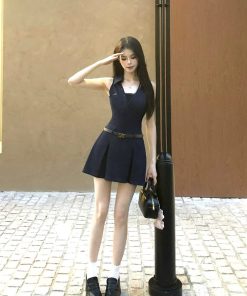 French-Style Sleeveless Shirt Dress for Women with Fitted Waist and Lace Splicing - Summer Short Skirt Fashion