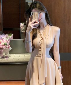 French-Style Sleeveless Tie Dress for Women with Fitted Waist and Elegant Short Skirt - New Summer Fashion