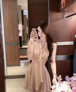 French-Style Sleeveless Tie Dress for Women with Fitted Waist and Elegant Short Skirt - New Summer Fashion