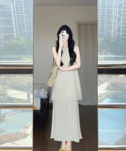 French-Style Sleeveless Two-Piece Long Summer Dress for Women - Chic Vacation Look with Elegant High-End Feel