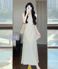 French-Style Sleeveless Two-Piece Long Summer Dress for Women - Chic Vacation Look with Elegant High-End Feel