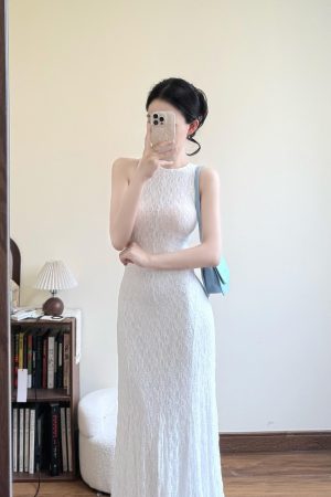 French-Style Sleeveless White Dress for Women, Hollow Lace, Slim Fit, Waist-Cinching Long Skirt - Perfect for Summer Elegance