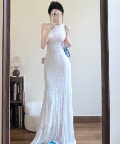French-Style Sleeveless White Dress for Women, Hollow Lace, Slim Fit, Waist-Cinching Long Skirt - Perfect for Summer Elegance
