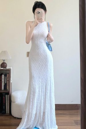 French-Style Sleeveless White Dress for Women, Hollow Lace, Slim Fit, Waist-Cinching Long Skirt - Perfect for Summer Elegance