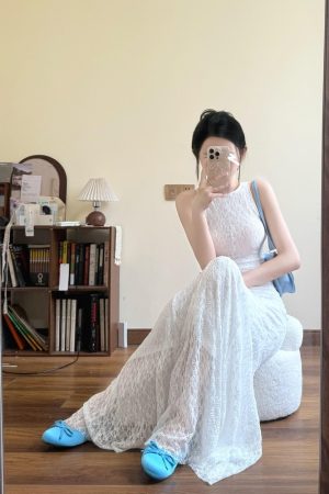 French-Style Sleeveless White Dress for Women, Hollow Lace, Slim Fit, Waist-Cinching Long Skirt - Perfect for Summer Elegance