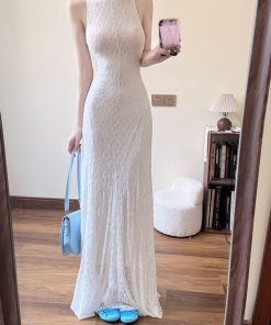 French-Style Sleeveless White Dress for Women, Hollow Lace, Slim Fit, Waist-Cinching Long Skirt - Perfect for Summer Elegance