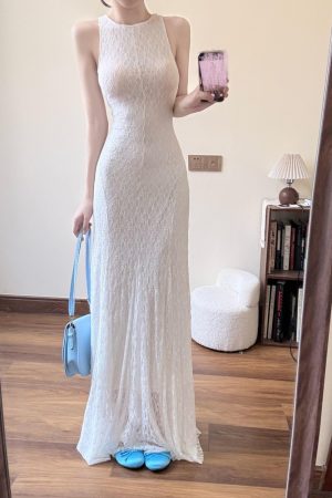 French-Style Sleeveless White Dress for Women, Hollow Lace, Slim Fit, Waist-Cinching Long Skirt - Perfect for Summer Elegance