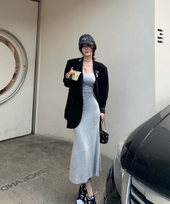 French-Style Spaghetti Strap Bodycon Dress for Women - Waist-Cinching Slim Fit Long Skirt for Spring, Chic and Stylish Design