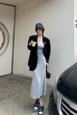 French-Style Spaghetti Strap Bodycon Dress for Women - Waist-Cinching Slim Fit Long Skirt for Spring, Chic and Stylish Design