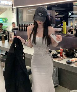 French-Style Spaghetti Strap Bodycon Dress for Women - Waist-Cinching Slim Fit Long Skirt for Spring, Chic and Stylish Design