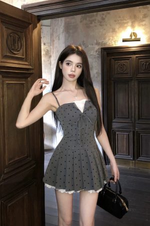 French-Style Spaghetti Strap Dress for Women - Patchwork Polka Dot, Waist-Cinching, Pleated Short Skirt, Chic Temperament Fashion