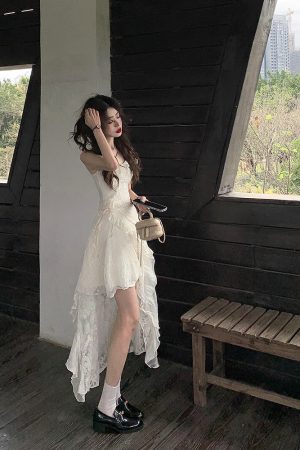French-Style Spaghetti Strap Irregular Lace Dress for Women - Unique Summer Look, Gentle Wind Design, Boho Chic Fashion