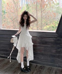 French-Style Spaghetti Strap Irregular Lace Dress for Women - Unique Summer Look, Gentle Wind Design, Boho Chic Fashion