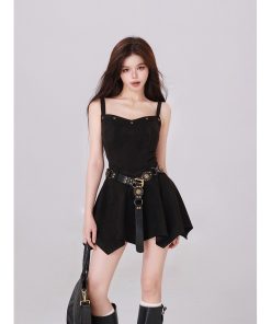 French-Style Spicy Girl Irregular Strap Dress for Women - Waist-Cinching Black Mini Dress for Spring and Summer Fashion
