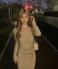 French-Style Square-Neck Long Sleeve Dress for Women, Waist-Cinching Mid-Length Layering Dress for Early Spring Fashion