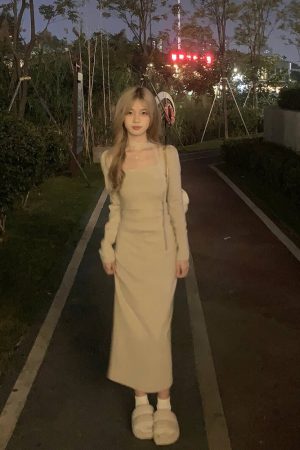 French-Style Square-Neck Long Sleeve Dress for Women, Waist-Cinching Mid-Length Layering Dress for Early Spring Fashion