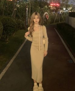 French-Style Square-Neck Long Sleeve Dress for Women, Waist-Cinching Mid-Length Layering Dress for Early Spring Fashion