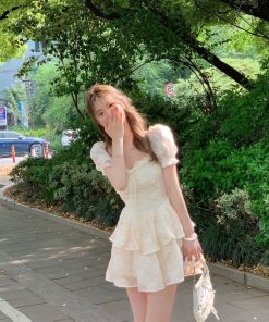 French-Style Square Neck Puff Sleeve Dress with Waist-Cinching Design, Sweet Fairy Short Skirt for Summer, Y2K Aesthetic