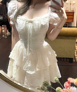 French-Style Square Neck Puff Sleeve Dress with Waist-Cinching Design, Sweet Fairy Short Skirt for Summer, Y2K Aesthetic