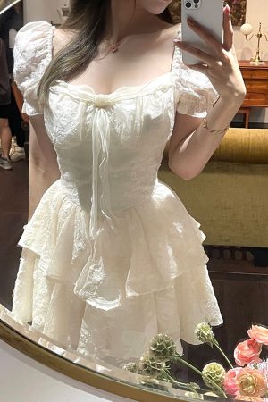 French-Style Square Neck Puff Sleeve Dress with Waist-Cinching Design, Sweet Fairy Short Skirt for Summer, Y2K Aesthetic