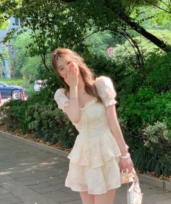 French-Style Square Neck Puff Sleeve Dress with Waist-Cinching Design, Sweet Fairy Short Skirt for Summer, Y2K Aesthetic