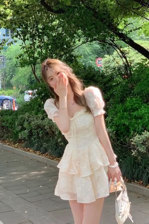 French-Style Square Neck Puff Sleeve Dress with Waist-Cinching Design, Sweet Fairy Short Skirt for Summer, Y2K Aesthetic