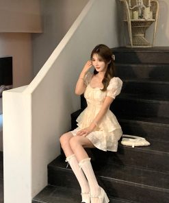 French-Style Square Neck Puff Sleeve Dress with Waist-Cinching Design, Sweet Fairy Short Skirt for Summer, Y2K Aesthetic