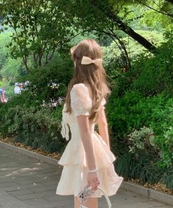 French-Style Square Neck Puff Sleeve Dress with Waist-Cinching Design, Sweet Fairy Short Skirt for Summer, Y2K Aesthetic