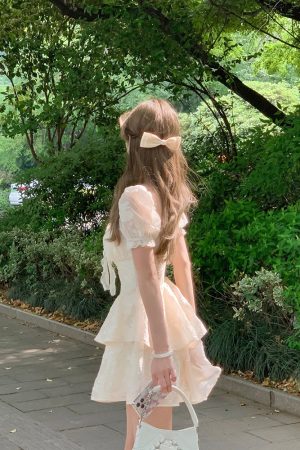 French-Style Square Neck Puff Sleeve Dress with Waist-Cinching Design, Sweet Fairy Short Skirt for Summer, Y2K Aesthetic
