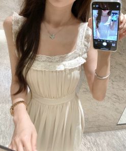 French-Style Square Neck Spaghetti Strap Dress for Women with Lace Splicing, Fitted Waist, and Short Skirt – Perfect Summer Look