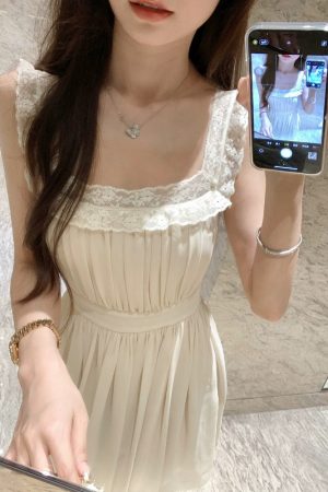 French-Style Square Neck Spaghetti Strap Dress for Women with Lace Splicing, Fitted Waist, and Short Skirt â€“ Perfect Summer Look