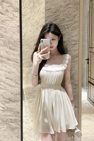 French-Style Square Neck Spaghetti Strap Dress for Women with Lace Splicing, Fitted Waist, and Short Skirt â€“ Perfect Summer Look