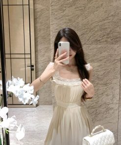 French-Style Square Neck Spaghetti Strap Dress for Women with Lace Splicing, Fitted Waist, and Short Skirt â€“ Perfect Summer Look