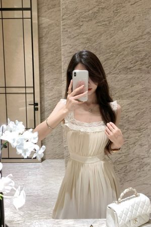 French-Style Square Neck Spaghetti Strap Dress for Women with Lace Splicing, Fitted Waist, and Short Skirt â€“ Perfect Summer Look