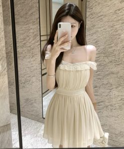 French-Style Square Neck Spaghetti Strap Dress for Women with Lace Splicing, Fitted Waist, and Short Skirt â€“ Perfect Summer Look
