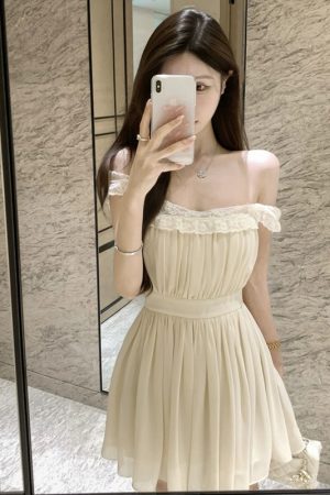 French-Style Square Neck Spaghetti Strap Dress for Women with Lace Splicing, Fitted Waist, and Short Skirt â€“ Perfect Summer Look