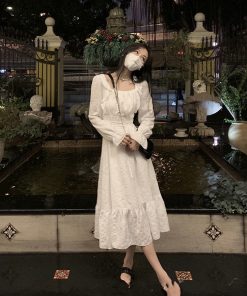 French-Style Square-Neck White Dress with Fairy Waist Design, Slim Fit, Elegant Long Skirt for Autumn, Romantic Vibe