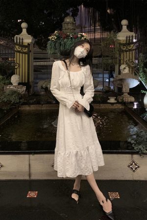 French-Style Square-Neck White Dress with Fairy Waist Design, Slim Fit, Elegant Long Skirt for Autumn, Romantic Vibe