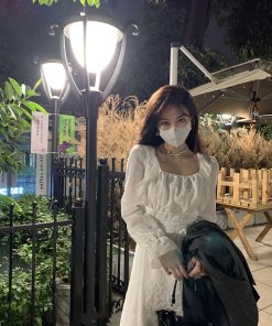 French-Style Square-Neck White Dress with Fairy Waist Design, Slim Fit, Elegant Long Skirt for Autumn, Romantic Vibe