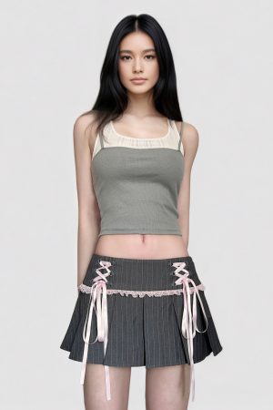 French-Style Striped A-Line Pleated Skirt with Lace Splicing - Low-Waist Short Summer Skirt for Girls