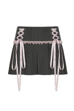 French-Style Striped A-Line Pleated Skirt with Lace Splicing - Low-Waist Short Summer Skirt for Girls